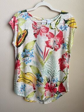 C&C California 100% Linen Tropical Floral Short  Sleeve Lightweight Blouse SZ S